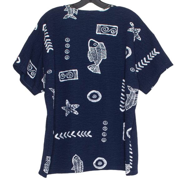Vintage Top Fish Print Coastal Grandma Beach Boho Nautical Island Boxy Blue 3XL - Picture 2 of 5